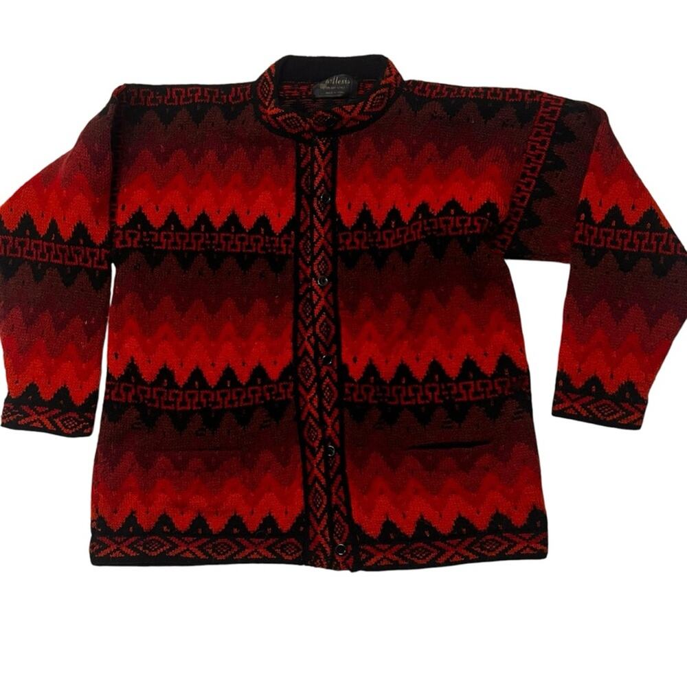 Vintage 100% Baby Alpaca Cardigan Red Black Andean Geometric Alexis Peru